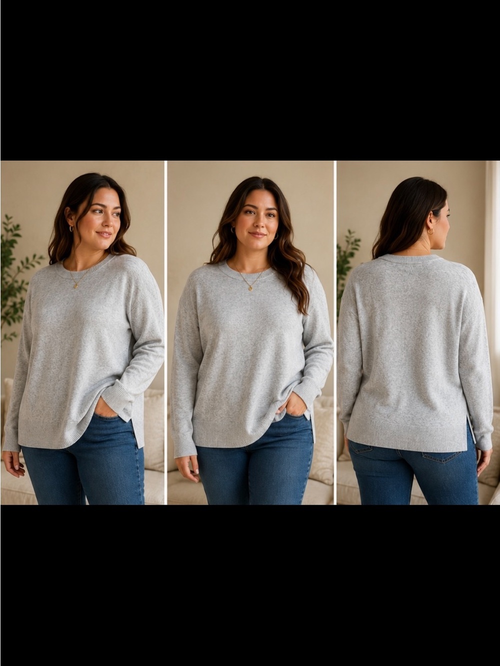 Tahari 100% Cashmere Heather Gray Crewneck Sweater XL Quiet Luxury Knit
